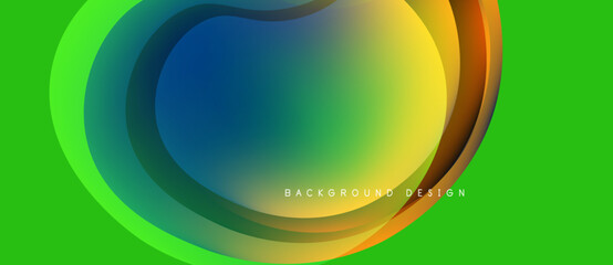 Bright abstract design features flowing colorful shapes over vivid green backdrop. Modern aesthetic, dynamic composition.