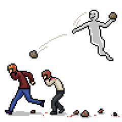 pixel art of ghost throw rock at people