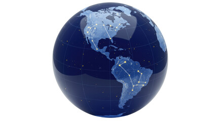 Blue globe with continents and constellations isolated on white, world map with stars and connected lines for geography and science