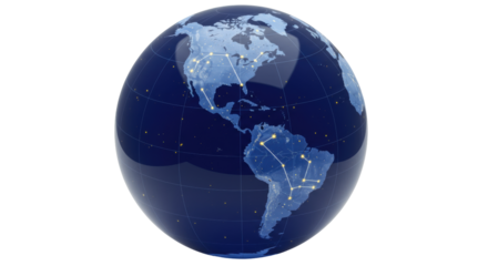 Blue globe with continents and constellations isolated on white, world map with stars and connected lines for geography and science