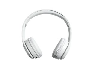 Overhead, white, wireless headphones centered against a stark black background