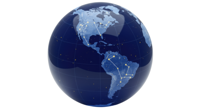 Blue globe with continents and constellations isolated on white, world map with stars and connected lines for geography and science