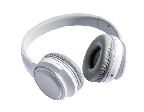 White headphones with gray earcups on a transparent background, isolated
