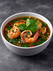 Fototapeta premium Exquisite Shrimp Dish: An artistic capture of a gourmet shrimp dish, featuring perfectly cooked shrimp, vibrant herbs, and a rich, flavorful sauce, presented in an elegant bowl.