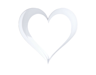 A glossy, open, stylized heart graphic in shades of white and gray on black