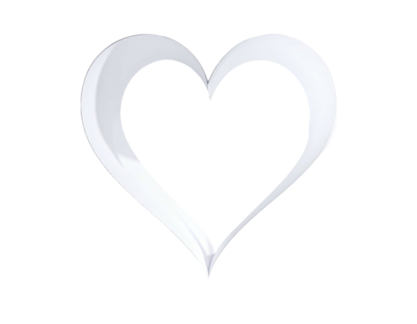 A glossy, open, stylized heart graphic in shades of white and gray on black
