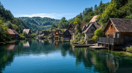Obraz premium Lake houses in austria landscape scenic view of lake houses in europe travel destination nature photography