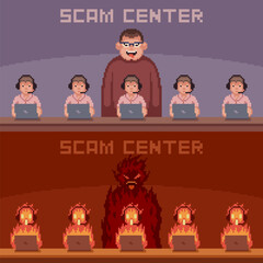 pixel art of scam center hell office