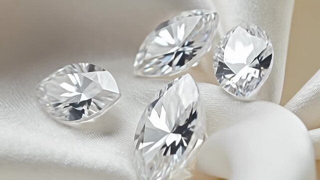 Four Marquise Cut Diamonds Sparkling on a Soft White Fabric.