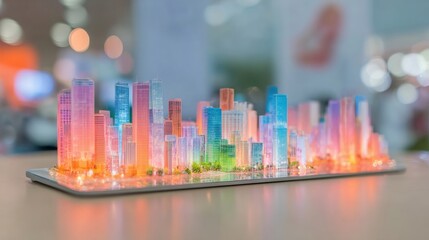 Colorful city skyline model with glowing lights displayed indoors