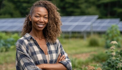 Smiling woman in plaid shirt with solar panels in background.