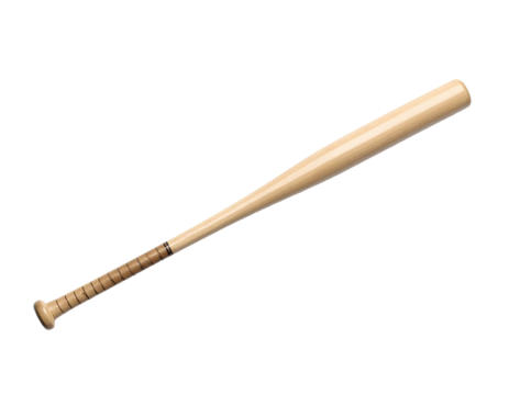 A wooden baseball bat is isolated on a black background, angled diagonally