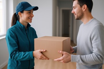 Friendly delivery woman in teal jacket hands a brown parcel to a happy customer at home, showcasing modern e-commerce and logistics