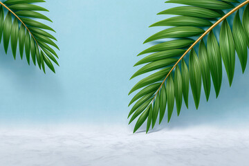 Tropical Palm Leaves: Lush, vibrant palm fronds with delicate details gently frame a pristine space, inviting viewers into a realm of natural tranquility and elegance. 