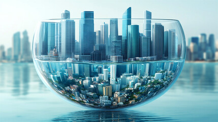 The metropolis inside a glass bowl of water symbolizes environmental problems and environmental protection.