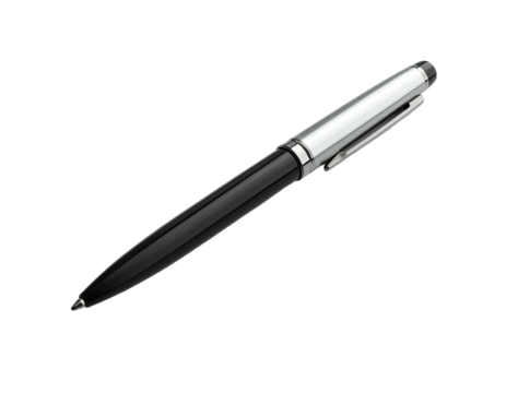 Sleek, black and silver pen on a black background. Angled for writing - Powered by Adobe