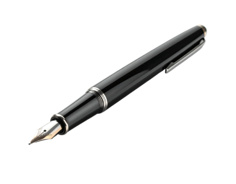 Sleek black fountain pen with silver accents, isolated on a solid black background