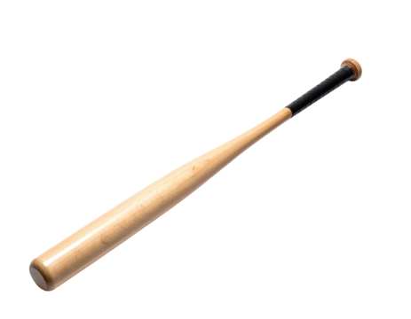 A wooden baseball bat with a black handle rests against a black background