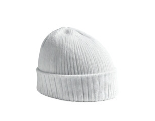A white ribbed knit beanie on a black background, angled and well-lit