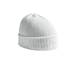 A white ribbed knit beanie on a black background, angled and well-lit