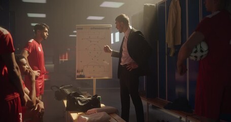 Motivated Coach Explaining Game Plan to His Soccer Team, Using Whiteboard to Illustrate Movements and Pass Options. Players Observe, Mentally Prepare for the Game, Put Hands Together and Cheer - Powered by Adobe