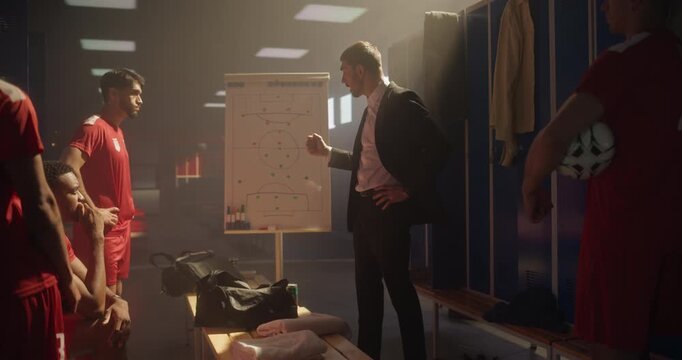 Motivated Coach Explaining Game Plan to His Soccer Team, Using Whiteboard to Illustrate Movements and Pass Options. Players Observe, Mentally Prepare for the Game, Put Hands Together and Cheer