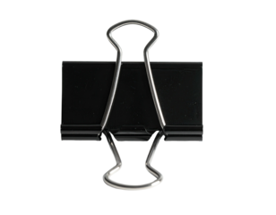 Close-up of a black and silver binder clip on a plain black background