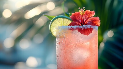 Tropical cocktail with hibiscus flower and lime slice