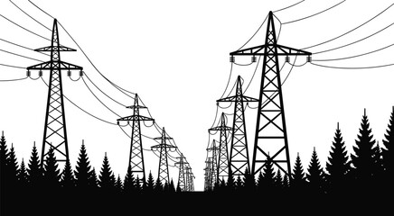 High voltage power lines and transmission towers in forest, energy infrastructure, electric pylons, silhouette landscape, black and white illustration