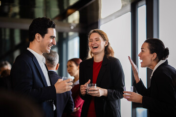 Smile corporate team members enjoying after-work drinks while exchanging ideas and discussing...