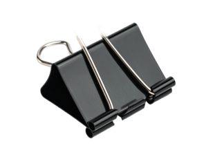 A shiny black metal clip with silver arms on a transparent background