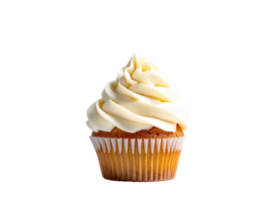 Isolated cupcake with swirled buttercream frosting and paper liner on a black background
