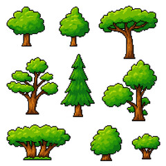 pixel art of green tree wood nature set