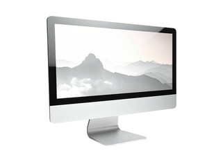 A silver desktop monitor displays a landscape image against a black background