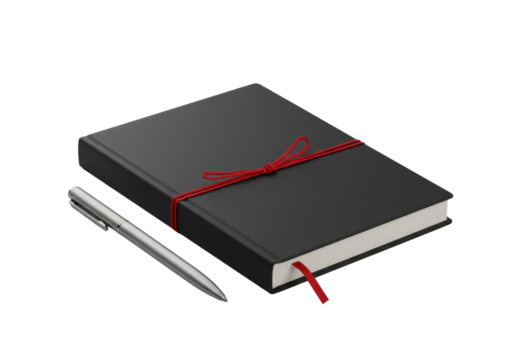 Premium matte black journal with red thread and bow, alongside a polished silver minimalist pen, isolated on a seamless transparent studio background. Concept of premium product presentation