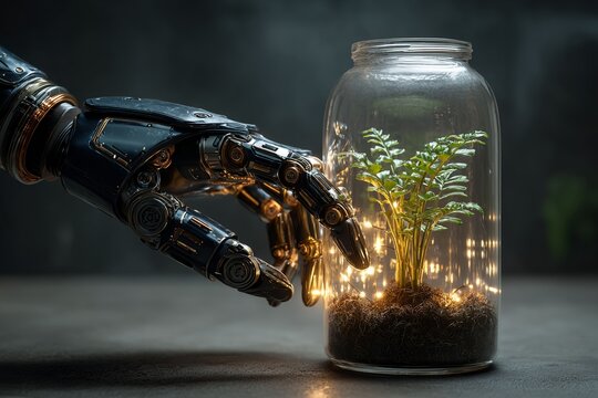 Robotyka, Przemysł 5.0, Zaawansowana, Robot, Ramię, Precyzja, Biotechnologia, Hodowla, Terrarium, Pielęgnacja, Autonomia, Automatyka, Futurystyczny, Bioinżynieria, Nauki przyrodnicze, Laboratorium, Ba