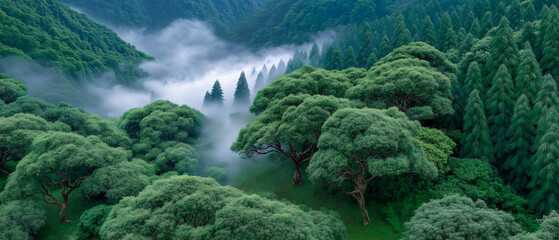 Misty Forest Canopy: An ethereal, mist-shrouded forest with lush green trees and rolling hills creates a serene and tranquil landscape, inviting exploration.