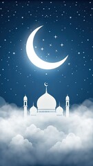 Mystical islamic mosque silhouette glowing brightly above soft clouds under a starry night sky with a crescent moon