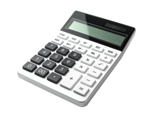 A white calculator angled, showcasing number buttons and a blank screen