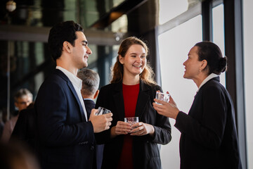 Informal business conversation at a party environment, reflecting collaboration, leadership, and modern workplace culture. Business people relaxed talk at party on rooftop restaurant.
