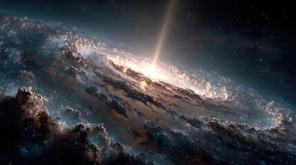 Fototapeta premium Intense cosmic beam of light piercing dark galaxy