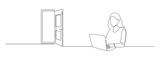Woman with laptop computer in one continuous line drawing. Female user with opened door on background in simple linear style. Hope concept in Editable stroke. Doodle vector illustration