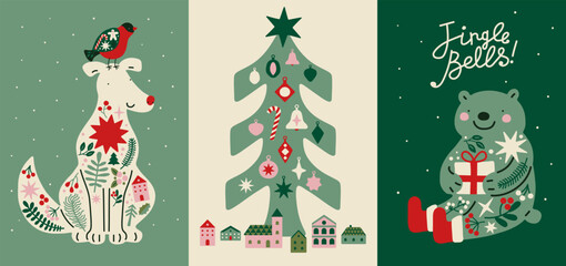 Set of Christmas postcards with dog, tree, bear. Simple New Year illustrations with lettering quotes. Ready for print. Banners, posters, scrapbooking.
