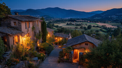 Obraz premium Explore picturesque village in italy at dusk with mountain backdrop travel destination photography evening scene