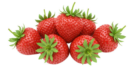 Fresh red strawberries isolated PNG, ripe summer fruit with green leaves on transparent background for healthy eating and dessert concepts