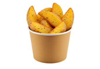 Golden potato wedges in a paper cup isolated, crispy seasoned snack for fast food menus and takeout orders