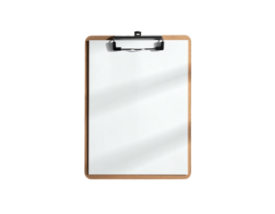 A vertical wooden clipboard with a blank white paper against a black background