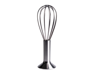 A stainless steel whisk against a black background, well-lit and centered
