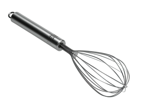 Close-up of a shiny, stainless steel kitchen tool, a whisk, on black