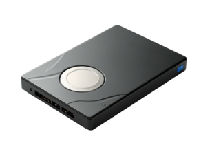 Sleek dark-gray rectangle device with a circular white center, blue detail